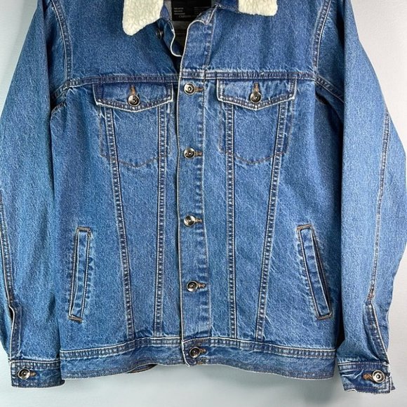 Hollywood Mens Sherpa Collar Jean Jacket Blue Mid Denim Wash trucker chore S - Picture 3 of 8